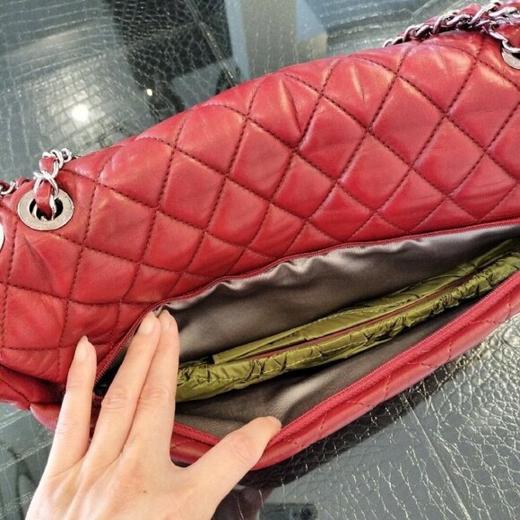 Authentic CHANEL Lambskin Quilted Large Jumbo Flap Bag Purse Coco Rain Red Tote - Picture 11 of 13